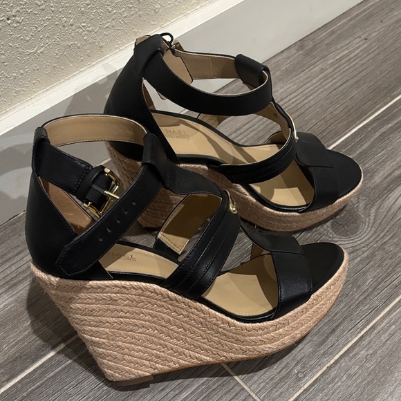 Michael Kors Black Leather Espadrille Wedge Sandals